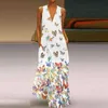 カジュアルドレス2023春の新しい女性の夏の蝶のプリントボヘミアンビーチスカートvネックの袖のないロングスカート外の大きなT230303