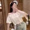 Bloups feminina Mulheres Top Blusa Sexy Ofim de Manga Longa Clube Festa Branca Camisa Puff Puff Ruffle Crop Tube de verão 2023