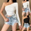 Women's T Shirts Womens One Shoulder Long Sleeve T-Shirt Sexy Crop Tops Inclined Neck Slim Base Shirt Short Pullover Camisole Corset Solid