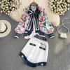Two Piece Dress Women British Spring Runway Retro Bows Shirts Long Sleeve Blouse And Irregular Bottons Skirts Suit Party Clothing Sets NS359 230307