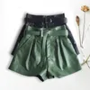 Women's Shorts Women Harajuku Genuine Leather Bud Pleated Falbala Shorts With Belt Femme High Waist HhakiGreen Casual Mujer Sexy Booty Shorts 230306