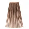 Skirts Gradient Pleated For Women 2023 Autumn Winter Elastic High Waist Medium Long A-line Elegant Vintage Midi Skirt Ladies