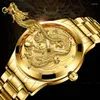 Armbanduhren S666 Paaruhr Drache und Phönix Männer Frauen Luxus Goldfarbe Quarz Ultradünne StahlgürteluhrenArmbanduhren