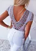 여자 T 셔츠 여성 숙녀 섹시한 여름 독특한 디자인 레이스 패치 워크 V- 넥 백리스 티 캐주얼 짧은 슬리브 단단 슬림 셔츠 탑