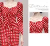 Robes décontractées Col carré Rouge Polka Dot Femmes Robe Longue Manches Bouffantes Taille Haute Sirène Midi Femme Printemps Été Robes F086