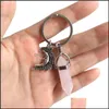 Keychains Lanyards Alloy Crescent Moon Charms Keychain Natural Stone Hexagonal Column Couple Keyrings Women Rose Quartz Key Chains Dhbfl