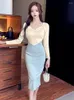 Casual jurken schuimlina elegante vrouwen gebreide trui jurk kleur match sexy v-neck lange mouw slanke fit herfst winter midi bodycon