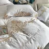 Bedding Sets White Embroidery 60S Satin Washed Silk Set Cotton Duvet Cover Bed Linen Fitted Sheet Pillowcases Bedclothes 4PCS