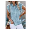 Women's T Shirts Jeans Summer Women T-Shirts Sleeveless Straight Pockets Loose Casual Style Washed Blue Denim Solid Color Female Blouse