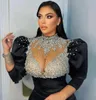 2023 Arabo Aso Ebi Black Mermaid Prom Dresses Pizzo Perline Cristalli Sera Festa formale Secondo ricevimento Compleanno Fidanzamento Abiti da damigella d'onore Abito ZJ222