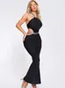 Casual Dresses 2023 Fashion Silver Chain Sexy Expose Waist Halter Sleeveless Black Color Long Dress Woman Show Party Vestido