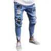 Jeans masculinos Men Men Skinny Hip Hop Blue Fashion Bordado Bordado Ripped Hole Denim Pants Lápis Man Slim Hay
