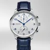 Классическое новое Quartz Movement Chronograph Men Watch Spepwatch Sapphire Watches Silver Blue Leather Sport Limited White Dial219N