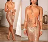 Casual Dresses 2023 Women Dress Summer Sexy Fashion Halter Wrapped Chest Hip Sequins Laced Backless Zipper Mini Penci Party