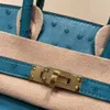 Handbag Platinum Ostrich Bag Home All Manual Waxed Thread Sewing South Africa Skin Portable Women's Real Peacock Blue Gold Button Genuine Leather