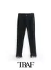 Jeans Femme TRAF Femmes 2023 Loisirs Mode Solide Ourlet élastique avec garniture en plumes Pantalon Slim Mujer 230306