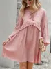 Casual Dresses 2023 Spring Lace-Up Dress Women V Neck Long Sleeve Loose Style A-Line Mini Female Black Pink Lady Office Party Vestidos