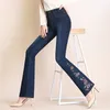 Frauen Jeans Flare Hosen Frauen Frühling Schlank Breite Bein Damen Denim Hosen Elastische Hohe Taille Stickerei Pantalon Jean Femme Frau