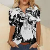 Blusas de pintura abstrata feminina Blusa de linho 2023 Tops de verão Casual Manga curta para mulheres Print Office Ladies Button Tunics