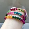 Bracciale in cristallo di tormalina colorata naturale genuina, collana da donna alla moda, elasticizzato, 6,5 mm, perline rotonde trasparenti, 3 giri