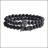 Fili di perline 2 pezzi / set Re animale Testa di leone Bracciale in agata onice nero Bracciale in pietra naturale Corona Coppia set di bracciali per uomo Gioiello a mano Dh8Hk