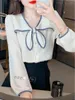 Blouses femininas mulheres primavera outono camisetas Lady Casual Manga Longa Cole de Trecho Bow Blusas Tops DD9343