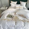 Bedding Sets White Embroidery 60S Satin Washed Silk Set Cotton Duvet Cover Bed Linen Fitted Sheet Pillowcases Bedclothes 4PCS