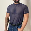 Camisetas masculinas de malha masculina montada de malha masculina Veja através de tampos musculares Mangas curtas brilhantes treinamento de academia respirável para tanques clube