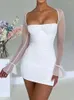 Casual Dresses Sexy Mesh Backless Ruched Mini Dress Ladies Elegant Strapless Long Sleeve Bodycon Female Club Party Fashion Outfits
