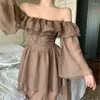 Casual Dresses LOLIBOOK 2023 Women Elegant Solid Off Shoulder High Waist Mini Dress Lady Fairy Holiday Ruffle Y2k Female Beach