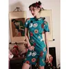 Vêtements ethniques 2023 robe de Style chinois pour les femmes traditionnel court Cheongsam été Qipao jupe manches ventilateur imprimé ourlet fente