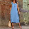 Robes décontractées élégant Bar dames 2023 été col en v sans manches femmes coton lin imprimé fête longue robe vacances plage Maxi