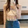 Women's T Shirts LUZUZI Fashion Fresh Small Daisy Sunscreen Basic Women Summer Mesh Tops Thin Lace Long-Sleeved Stand Collar Silk T-Shirt