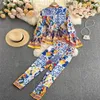 Elegante vintage print pant suit ruches blouse shirt top en lange broek tweedelige set mode dames kleding sets