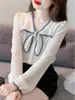 Blouses femininas mulheres primavera outono camisetas Lady Casual Manga Longa Cole de Trecho Bow Blusas Tops DD9343