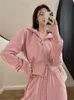 Women s Two Piece Pants Casual Pink Hooded Sweatshirts Tracksuit Women Coat Double Zip Up Crop Top Drawstring Waist Sweatpant Harem 2 Sets 230307