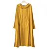 Casual Dresses Johnature Women Hooded Cotton Linen Long Sleeve Kangaroo Pocket Vintage Robes 2023 Spring Solid Color Female Dress