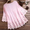 Blouses Femmes Lâche Vintage Dentelle Garniture Femmes Élégant Floral Broderie Bow Chemises Casual Col En V Trois Quarts Hauts Femme Blusas Mujer