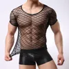 T-shirts pour hommes T-shirt en maille transparente pour hommes Chemise à col en V à manches courtes à carreaux Maillot de corps sexy Singlet Homme Night Club Performance Sheer Top