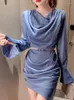 Casual Dresses Fashion Elegant Chic Mini For Women 2023 Blue Korean Satin Long Sleeve Pleated Slim Dress Lady Street Office Vestidos