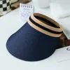 Gorra de playa con parte superior vacía de paja tejida de verano para mujer, gorra de playa de Color sólido con ala ancha grande, protección UV, sombrero transpirable con visera