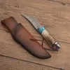 Promotion G7203 Couteau de chasse à lame fixe Damscus Poignée en corne de cerf Camping en plein air Randonnée Pêche Chasse Survie Couteaux droits avec gaine en cuir