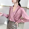 Women's Blouses QOERLIN Pink Chiffon Shirts Deep V Neck Satin Pullover Criss-Cross Slim Long Sleeve Shirt Women Blouse Girl Green Blusa