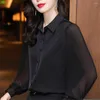 Kvinnors blusar high-end svart långärmad skjorta Kvinnor Elegant temperament Polo-Neck Fashion Spring Autumn Ladies Casual Top MM1434