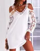 Casual Dresses For Women 2023 Summer Cold Shoulder Fashion Crochet Lace Plain Long Sleeve Daily Mini Straight Dress