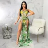 Women's Swimwear 2023 Women Palm Leaf Mesh Cover Up Dress Summer Robe Femme Floral Print Sundress Beachwear See Through Maxi Vestidos