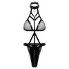 Sexy Set Womens Lingerie Nipples Cups Exotic Teddies Leather Halter Crop Top Zippered Crotch High Cut Bodysuit Wet Look Clubwear Costumes 230307