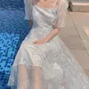 Sukienki imprezowe hejdress cekin bajki sukienki kobiety francuskie eleganckie białe, swobodne puff rękawy koronkowe lato 2023
