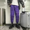 Herrbyxor lila män lastbyxor springer lösa hiphop joggar byxor fickor fickor mode dand sweatpants koreanska manliga streetwear z0306