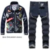 Fashion Slim Tracksuits Dark Blue Men's Jacket/Jeans 2pcs Sets Spring Autumn Men's Embroidered Denim Cardigan and Stretch Rivets Pants Conjuntos de hombre